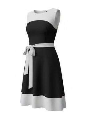 Tommy Hilfiger Black and White Fit-and-Flare Dress with Tie Waist